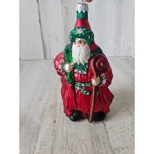 Patricia Breen van mourick red Santa staff ornament glass red green sparkle glit